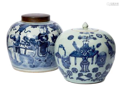 Two Chinese porcelain jars, 19th century, each painted in underglaze blue, one with precious objects