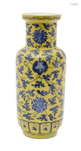 A Chinese porcelain underglaze blue and yellow enamel rouleau vase, late Qing dynasty, decorated