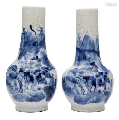 A pair of Chinese porcelain small bottle vases, late Qing dynasty, painted in underglaze blue with a