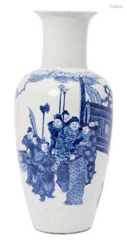 A Chinese porcelain baluster vase, 18th/19th century, painted in underglaze blue with an official