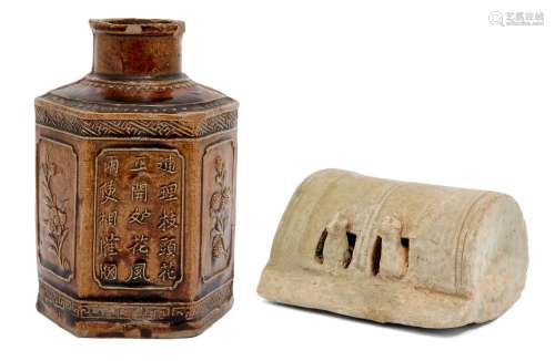 A Chinese pottery burial figure of a chicken coup and a treacle glazed hexagonal tea cannister,