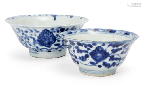 Two Chinese porcelain bowls, 19th century, painted in underglaze blue with flowering lotus