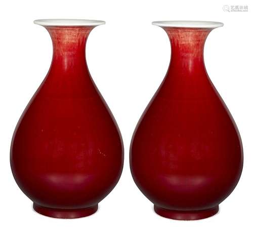 A pair of Chinese porcelain monochrome vases, yuhuchunping, late 20th century, with allover sang