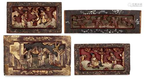 Four Chinese carved wood furniture panels, late Qing dynasty, each
decorated with figures in a