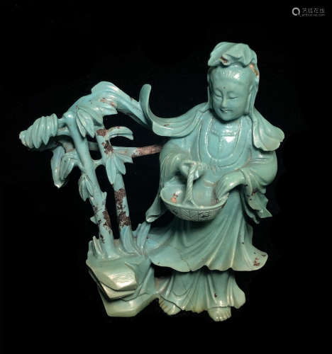 CARVED TURQUOISE  FIGURE OF GUANYIN HOLDING A BASKET