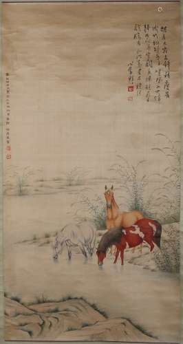 PAINTING HORSES BY RIVER WITH CALLIGRAPHY, MA JIN