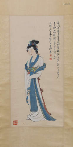 PAINTING OF MAIDEN WITH CALLIGRAPHY, ZHANG DAQIAN