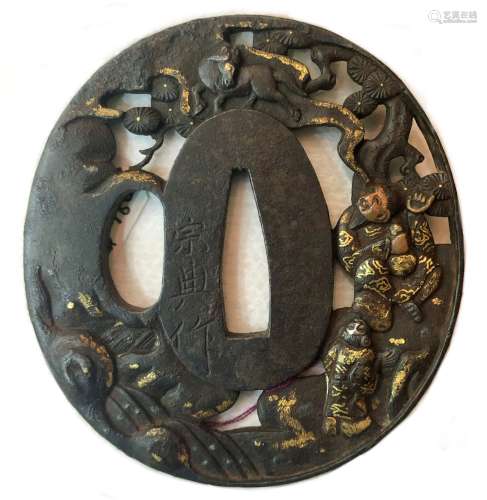 JAPANESE IRON TSUBA WITH GOLD DETAILS
