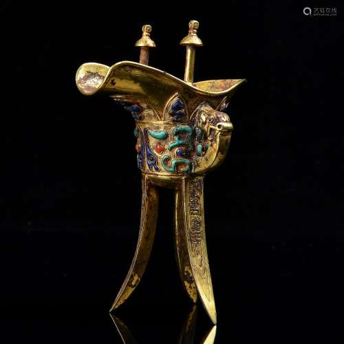 PURE GOLD GEM INLAID JUE, RITUAL VESSEL