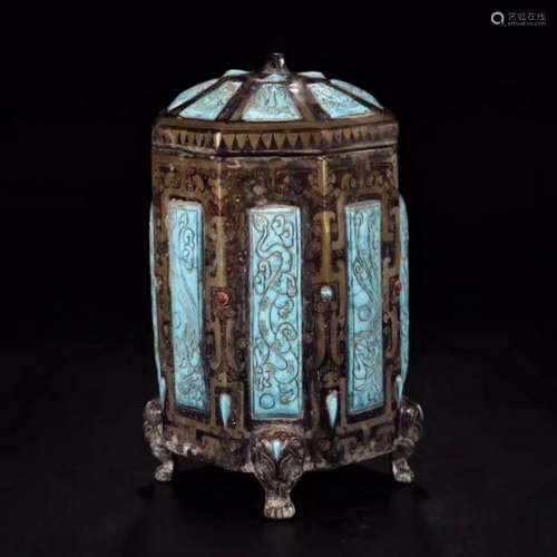 RARE OCTAGONAL TURQUOISE INLAID GILT BRONZE CONTAINER