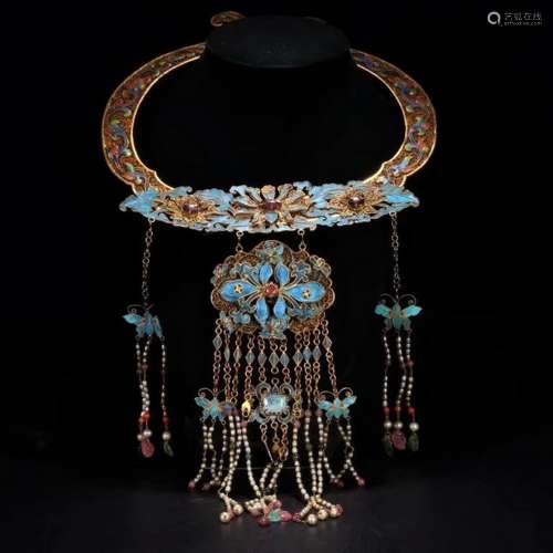 RARE QING DYN. GILT SILVER KINGFISHER NECKLACE