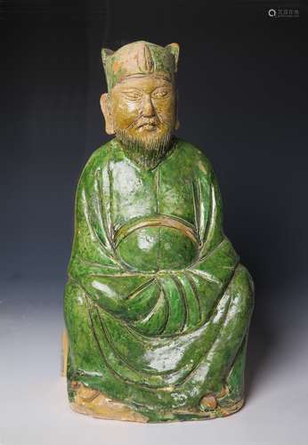 GREEN GLAZED POTTERY SEATED SCHOLAR