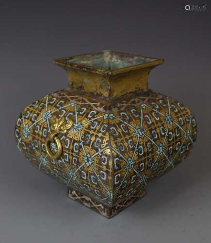 GOLD & SILVER INLAID BRONZE VESSEL WITH TURQUOISE