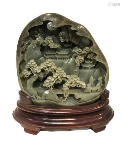 LARGE CARVED GREEN JADE MOUNTAIN