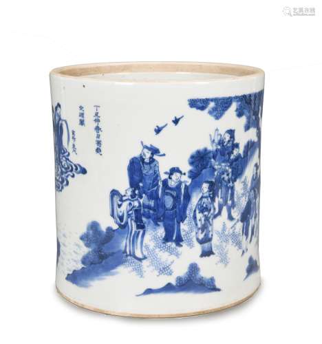 BLUE AND WHITE 'EIGHT IMMORTALS' PORCELAIN BRUSH POT