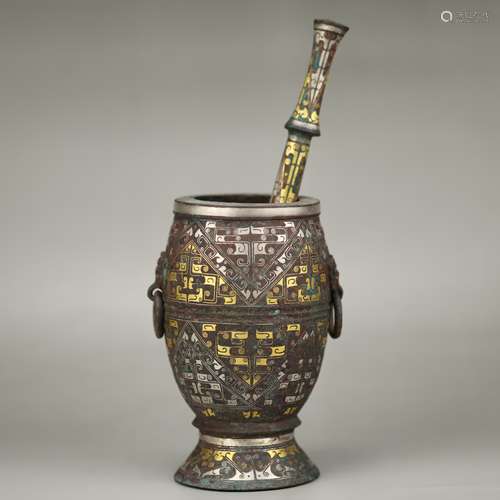 ARCHAIC BRONZE WITH GOLD SILVER INLAID MORTAR & PESTLE