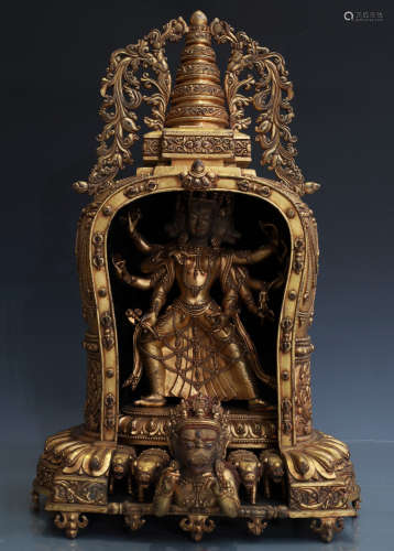 GILT BRONZE FIGURE OF MARICI IN BUDDHIST SHRINE, YONGLE