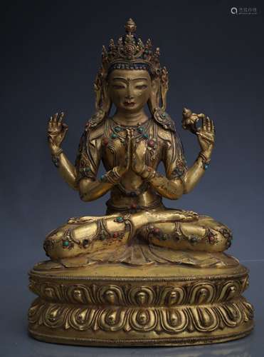 GILT BRONZE FIGURE OF FOUR ARMED AVALOKITESHVARA