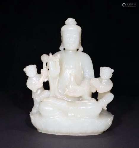 CARVED WHITE JADE GUANYIN WITH CHILDREN