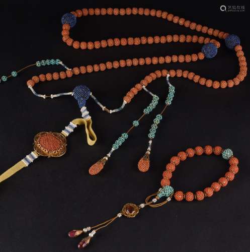 CORAL BEADS AND ROSARY COURT NECKLACE & BRACELET