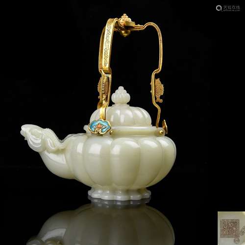 RARE WHITE JADE AND CLOISONNE ENAMEL RAM-HEAD TEAPOT