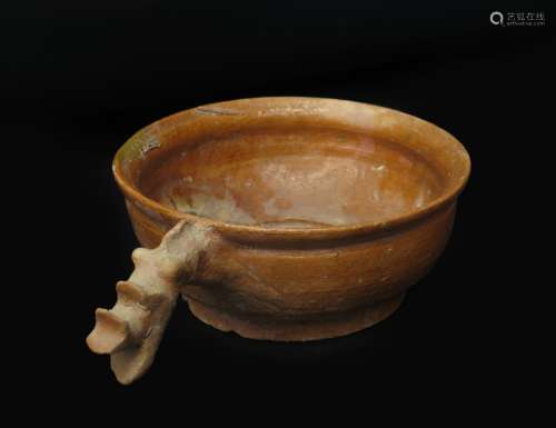 YELLOW GLAZED POTTERY BOWL W BEAST HANDLE,HAN DYN