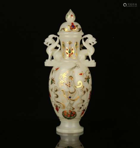 GILD WHITE JADE DOUBLE HANDLED VASE AND COVER