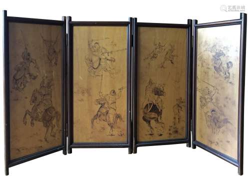 FOUR PANEL WOOD SCREEN DEPICTING SOLDIERS