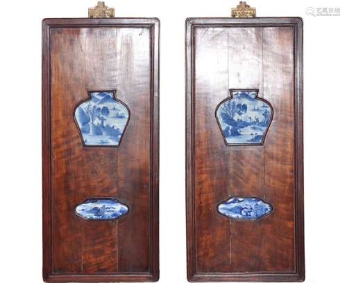 PAIR OF BLUE AND WHITE PORCELAIN PLAQUE PANELS