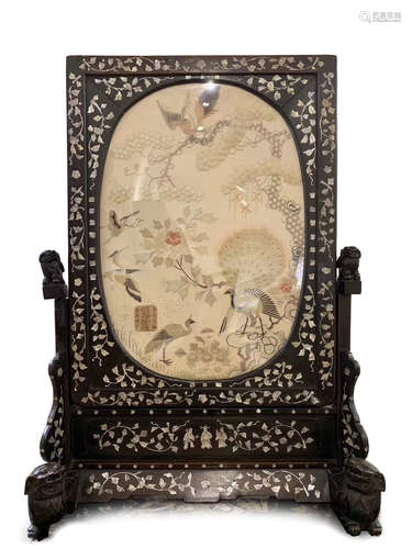 EMBROIDERED SILK MOTHER OF PEARL INLAID TABLE SCREEN