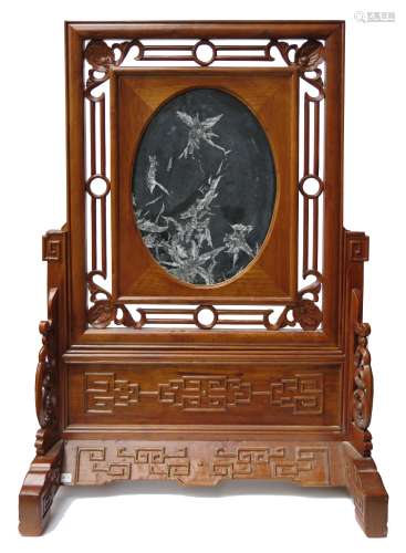 CHINESE HARDWOOD STONE PLAQUE TABLE SCREEN