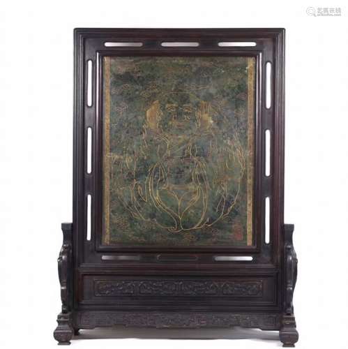 GILD AND INSCRIBED SPINACH JADE ROSEWOOD TABLE SCREEN