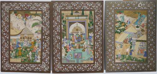 SET OF THREE PERSIAN MINIATURE PAINTINGS, 20TH CENTURY