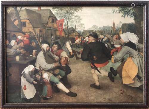 OIL PAINTING OF VILLAGERS PARTY IN THE STREET