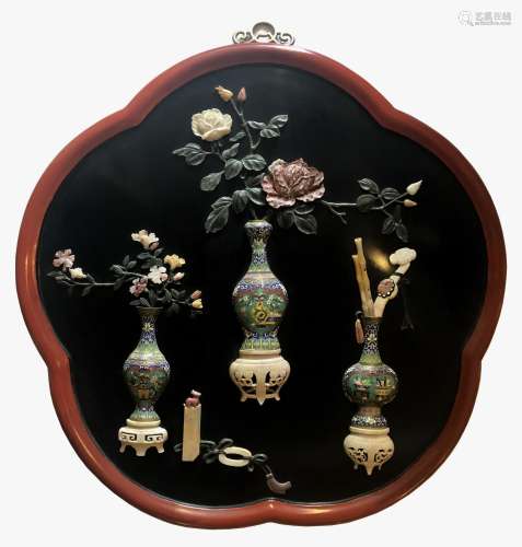 CLOISONNE AND GEMSTONE INLAID LACQUERED WALL HANGING