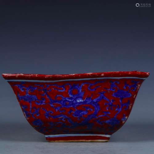 A Chinese Red Ground Blue and White Porcelain Square Cup