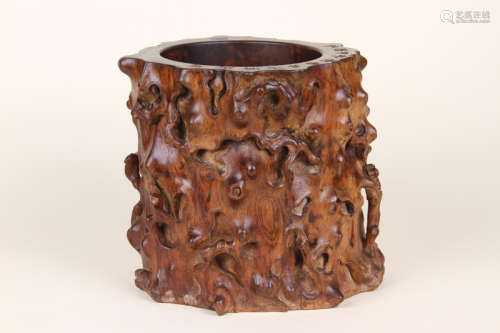 A Chinese Carved Huanghuali Brush Pot