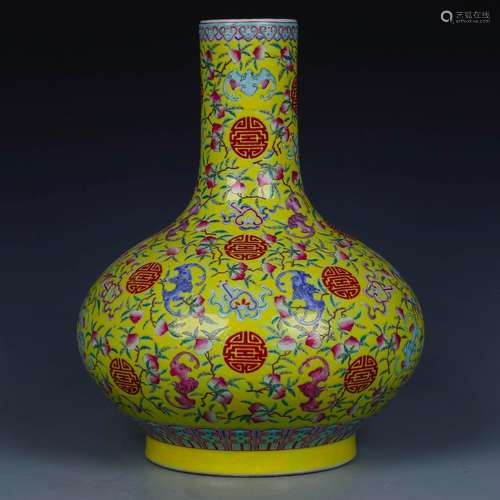 A Chinese Yellow Ground Famille-Rose Porcelain Vase