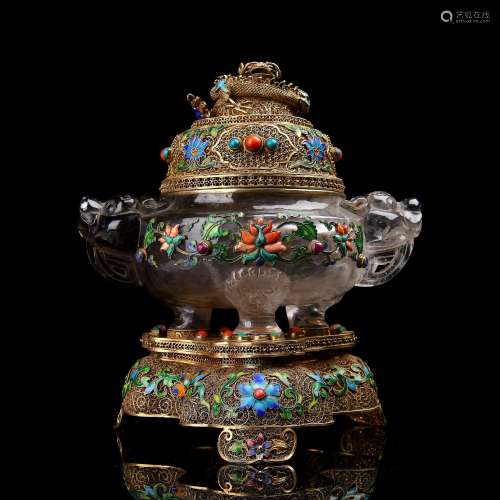 A Chinese Silver Incense Burner with Rock Crystal Inlaid