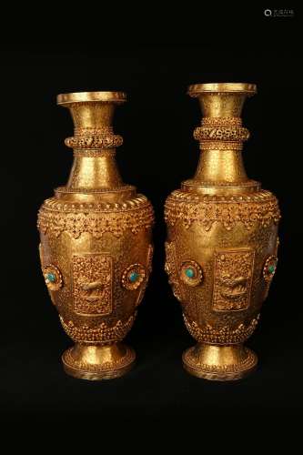 A Pair of Chinese Gilt Bronze Vases