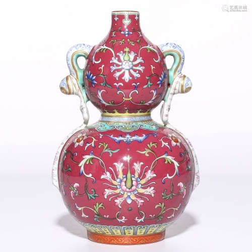 A Chinese Red Ground Famille-Rose Porcelain Double Gourd Vase