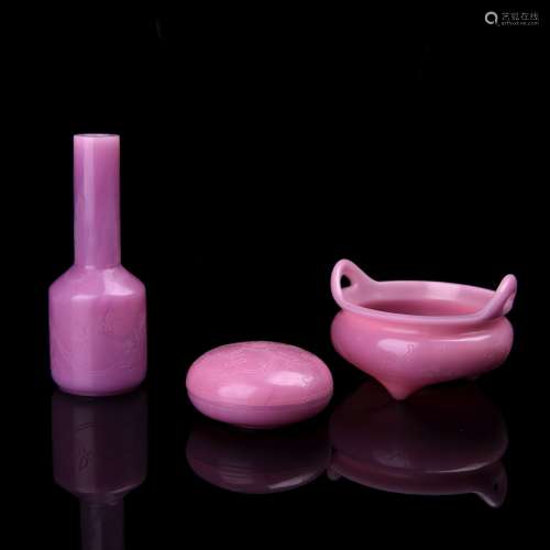 A Set of Three Chinese Carved Pink Peking Glass Vase, Round Box, and Incense Burner