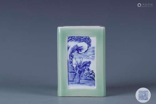 A Chinese Celadon Glazed Blue and White Porcelain Square Brush Pot