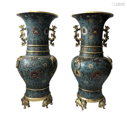 LARGE PAIR OF CLOISONNE ENAMEL TRIPOD VASES WITH MARK