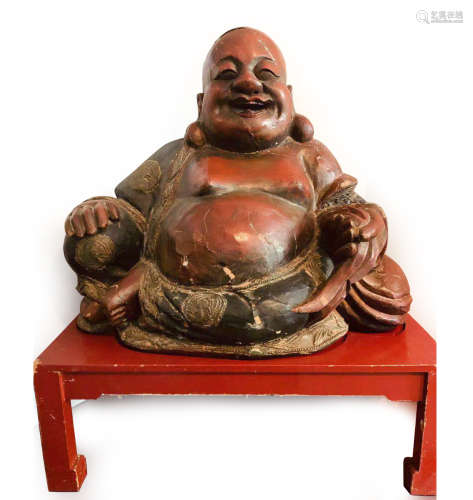 A LARGE CARVED WOOD BUDDHA