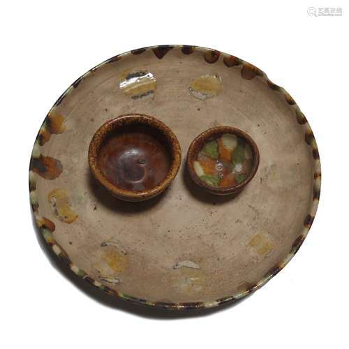 TANG SANCAI GLAZED PLATE AND BOWLS