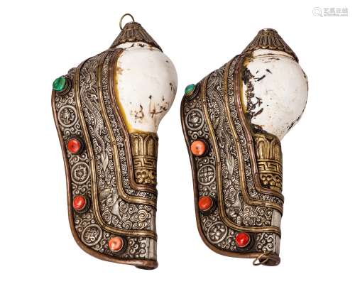 PAIR CARVED GILT SILVER AND GEM INLAID SEASHELLS