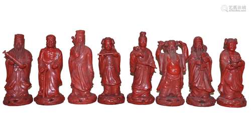 CARVED CINNABAR ZISHA EIGHT IMMORTALS, 19TH C.