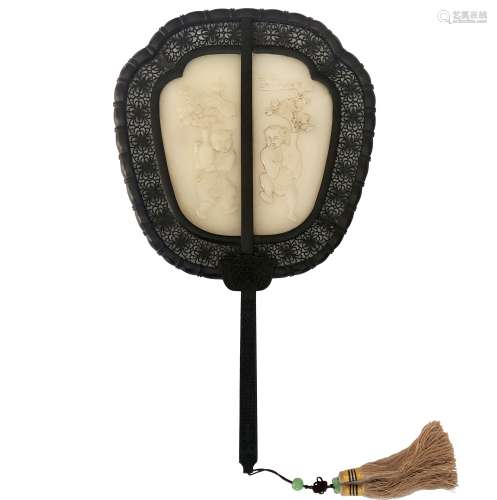 CHINESE CARVED WHITE JADE CALLIGRAPHY HAND MIRROR