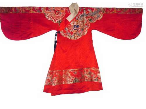 MING RED DAMASK SILK ROBE WITH DRAGON